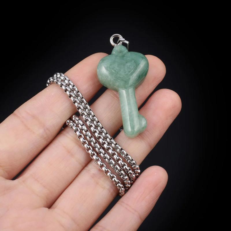 Natural Stone Heart Key Pendant Necklace Opal Agate Tiger Eye Healing Crystals