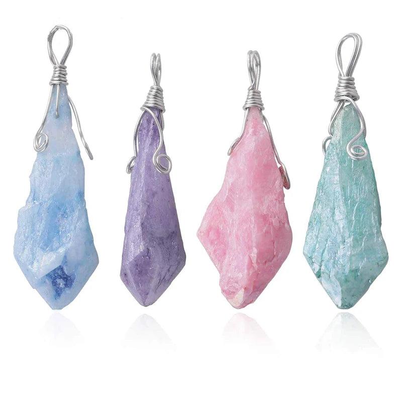 Irregular Crystal Pillar Pendant Silver Wire Raw Mineral Quartz Pendulum