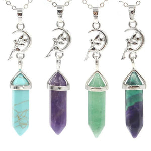 Hexagonal Pointed Amethysts Quartz Pendant Necklace