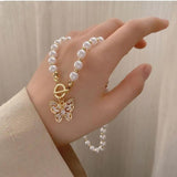 Pearl Crystal Butterfly Pendant Necklace Clavicle Chain Choker