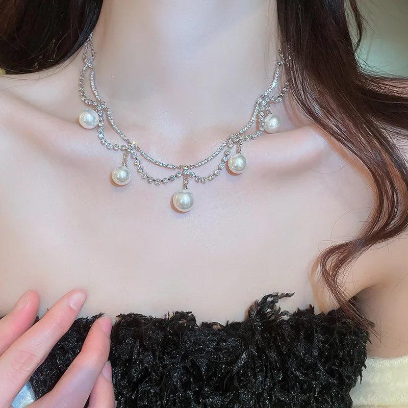 Pearl Crystal Double Layer Chain Necklace French Collar Chain