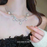 Pearl Crystal Double Layer Chain Necklace French Collar Chain