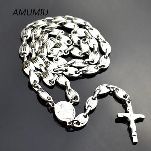6mm Stainless Steel Cross Rosary Necklace, Christmas Religious Catholic Jewelry