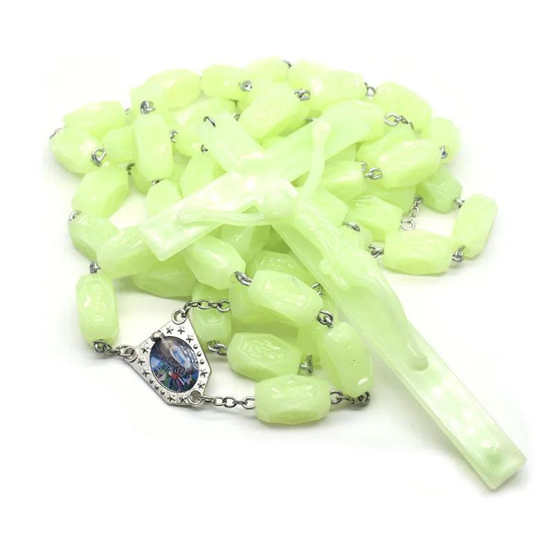 Large Luminous Plastic Beads Rosary Cross Pendant Wall Necklace