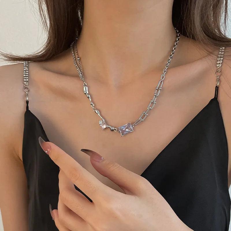 Pink Crystal Square Necklace for Women