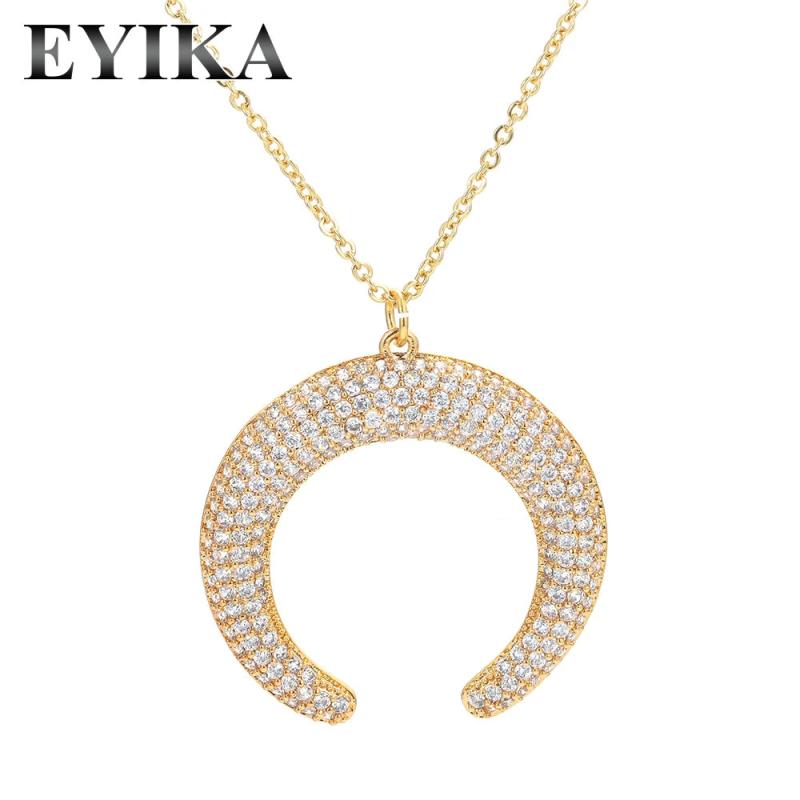 Zircon Crescent Horn Pendant Necklace CZ Moon Collar Sweater Chain
