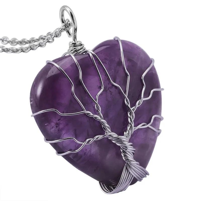 Crystal Quartz Tree of Life Heart Pendant Necklace