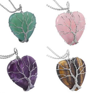 Crystal Quartz Tree of Life Heart Pendant Necklace
