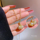 Shell Pearl Pendant Necklace Bling Rhinestone Stainless Steel Choker