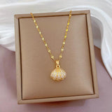 Shell Pearl Pendant Necklace Bling Rhinestone Stainless Steel Choker