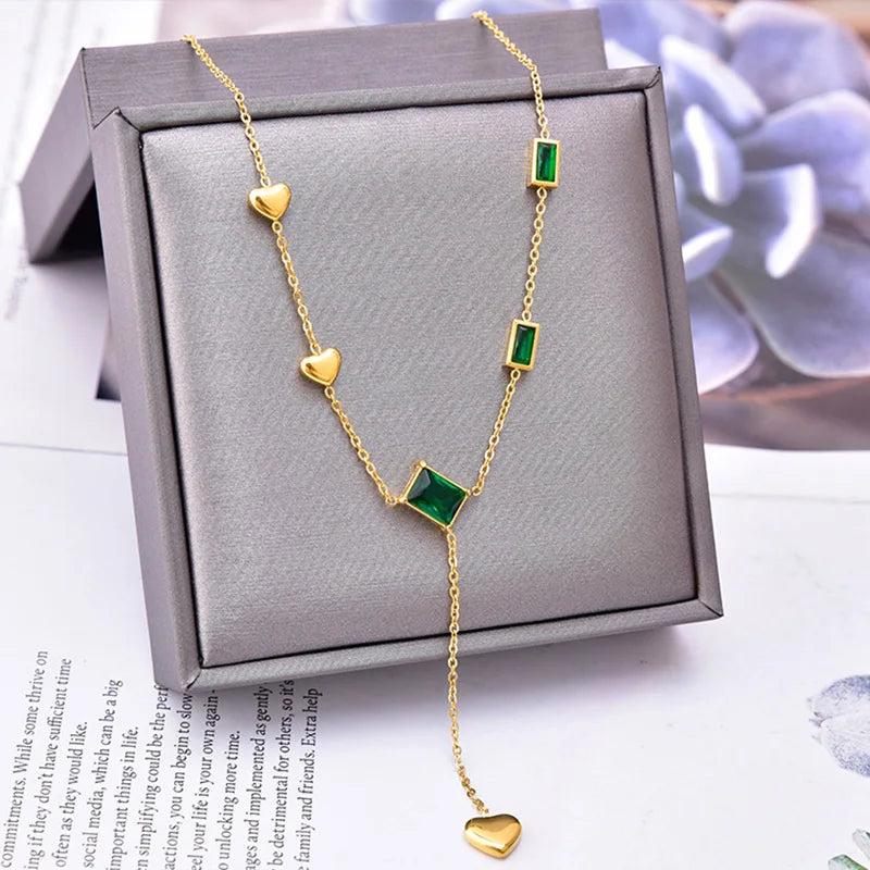 Summer Green Crystal Heart Tassel Necklace