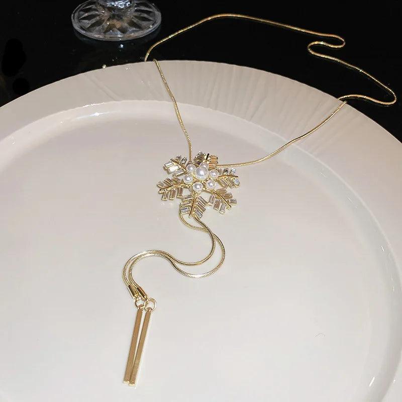Flower Pendant Necklace Rhinestone Pearl Tassels Jewelry Women's Accessories