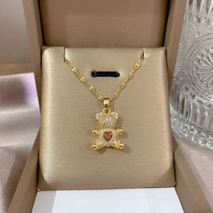 Heart Bear Necklace Zircon Pendant Stainless Steel Jewelry