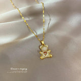 Heart Bear Necklace Zircon Pendant Stainless Steel Jewelry