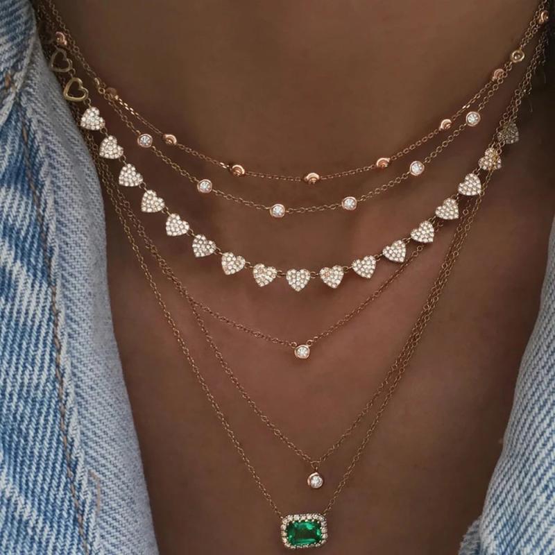 Boho Heart Crystal Pendant Necklace Vintage Plated Green Stone Jewelry