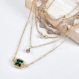 Boho Heart Crystal Pendant Necklace Vintage Plated Green Stone Jewelry