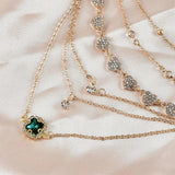 Boho Heart Crystal Pendant Necklace Vintage Plated Green Stone Jewelry