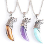 Tigers Eye Amethyst Stone Wolf Tooth Pendant Necklace Copper Amulet Luck Jewelry