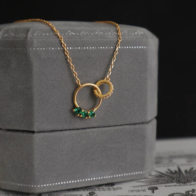 Silver Green Zircon Double Circle Necklace for Women