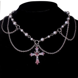 Pearl Beaded Chain Layered Rosary Crystal Cross Necklace