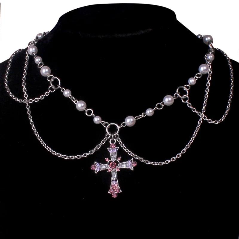 Pearl Beaded Chain Layered Rosary Crystal Cross Necklace