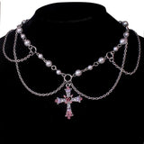 Pearl Beaded Chain Layered Rosary Crystal Cross Necklace