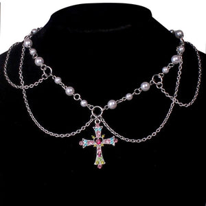 Pearl Beaded Chain Layered Rosary Crystal Cross Necklace