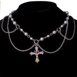 Pearl Beaded Chain Layered Rosary Crystal Cross Necklace
