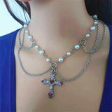 Pearl Beaded Chain Layered Rosary Crystal Cross Necklace
