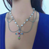 Pearl Beaded Chain Layered Rosary Crystal Cross Necklace