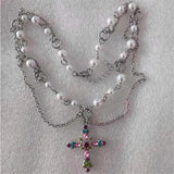 Pearl Beaded Chain Layered Rosary Crystal Cross Necklace
