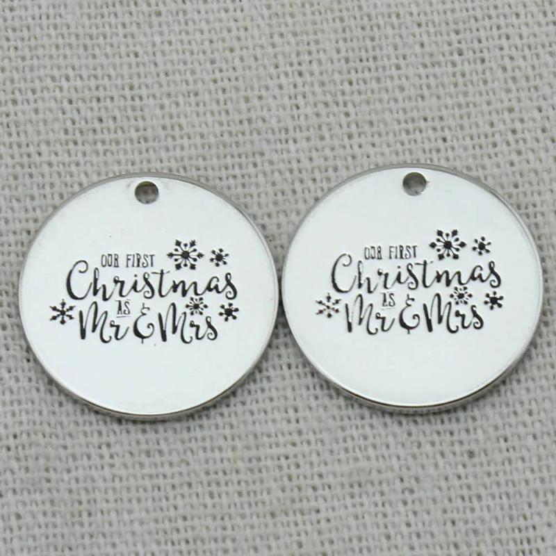 First Christmas Mr & Mrs Pendant Necklace, Engraved Charm, Gift Girlfriend