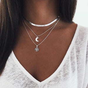 925 Silver Triple Layer Moon Pendant Choker Necklace for Women