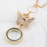 30mm Crystal Glass Photo Locket Butterfly Brooch Pendant Necklace Jewelry
