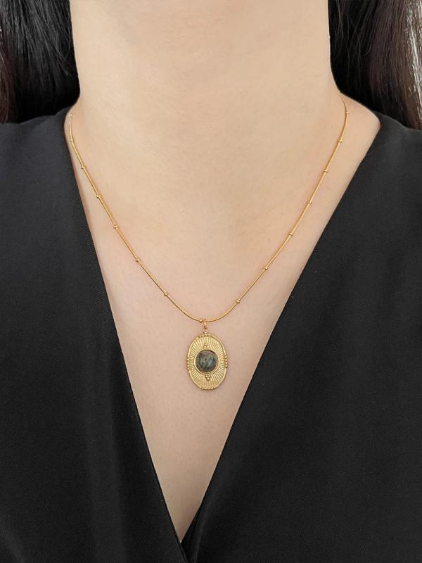 French Vintage Rhinestone Coin Pendant Necklace with Enamel Stone