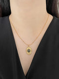 French Vintage Rhinestone Coin Pendant Necklace with Enamel Stone