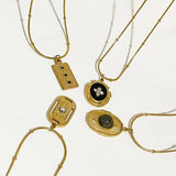 French Vintage Rhinestone Coin Pendant Necklace with Enamel Stone