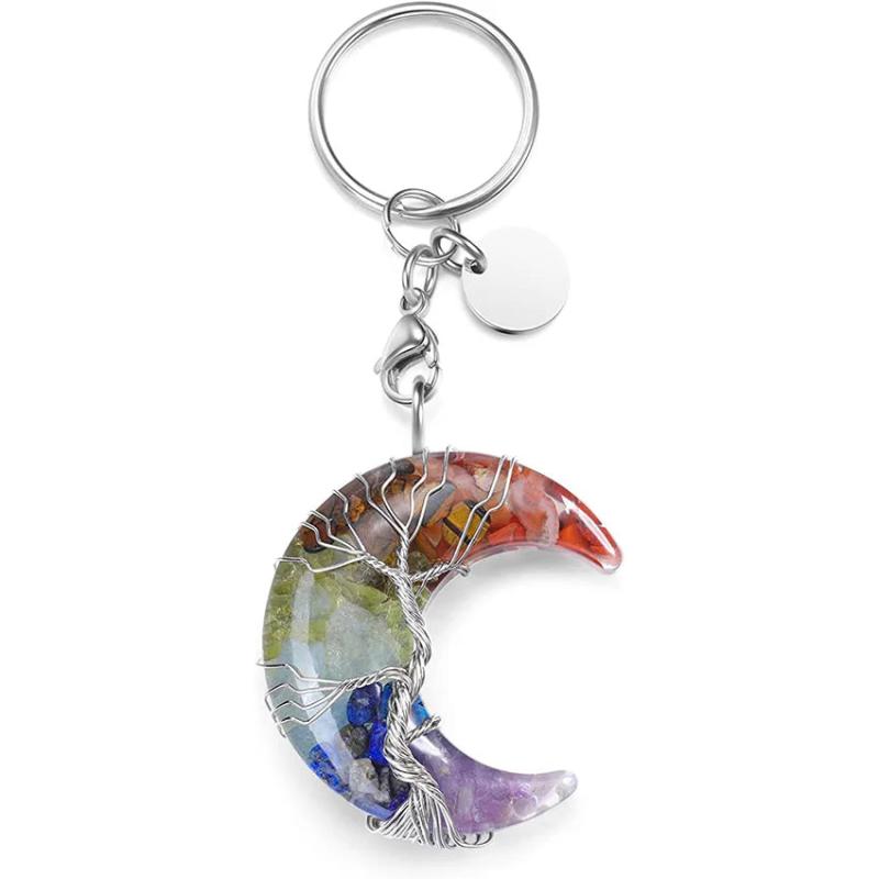 7 Chakra Crystal Keyring Tree of Life Wire Wrapped Moon Resin