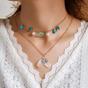 Bohemian Fish Tail Pendant Necklace Colorful Bead Flowers Multilayer Chain