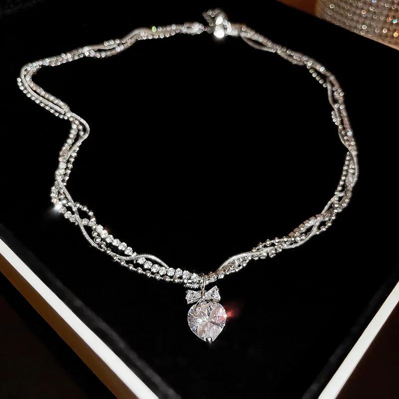 Heart Rhinestone Necklace Bowknot Pendant Layered Women Choker Jewelry