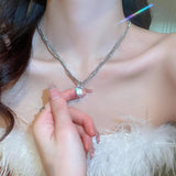 Heart Rhinestone Necklace Bowknot Pendant Layered Women Choker Jewelry