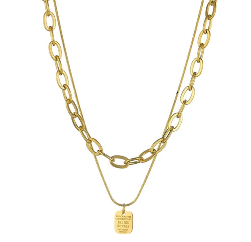 316L Stainless Steel Titanium Golden Square Letter Necklace Double Chain
