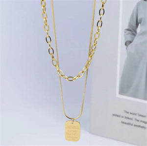 316L Stainless Steel Titanium Golden Square Letter Necklace Double Chain