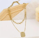 316L Stainless Steel Titanium Golden Square Letter Necklace Double Chain
