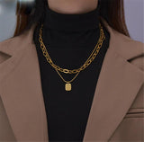 316L Stainless Steel Titanium Golden Square Letter Necklace Double Chain