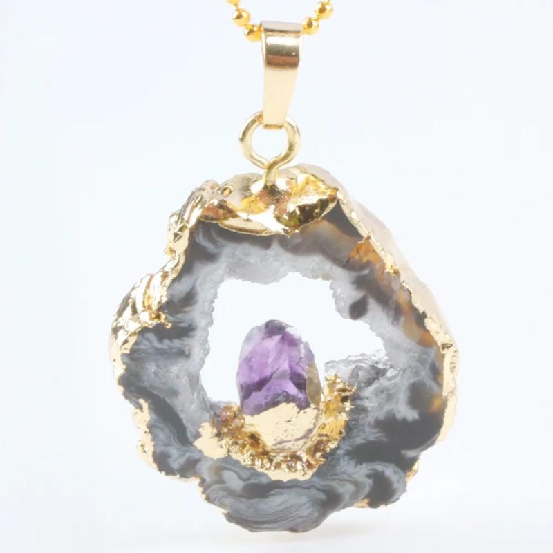 Natural Agate Quartz Slice Geode Crystal Druzy Pendant with Amethyst Point