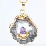 Natural Agate Quartz Slice Geode Crystal Druzy Pendant with Amethyst Point