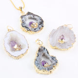 Natural Agate Quartz Slice Geode Crystal Druzy Pendant with Amethyst Point
