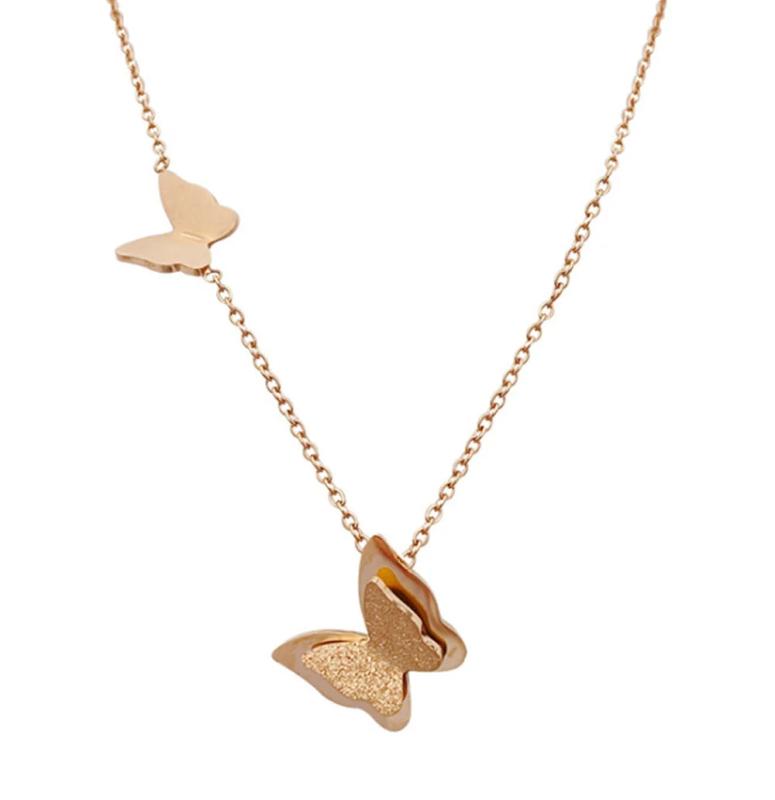 316L Stainless Steel Double Frosted Butterfly Necklace Love Pendant