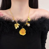 French Retro Petal Pearl Pendant Necklace Chain Leaf Sweater Chain Necklaces
